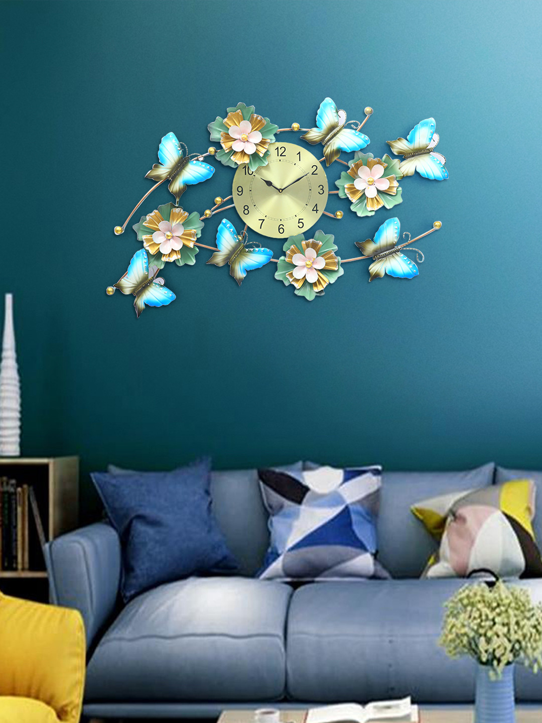 Aapno Rajasthan Gold & Blue Floral With Butterfly And Leaf Pattern Contemporary Wall Clock