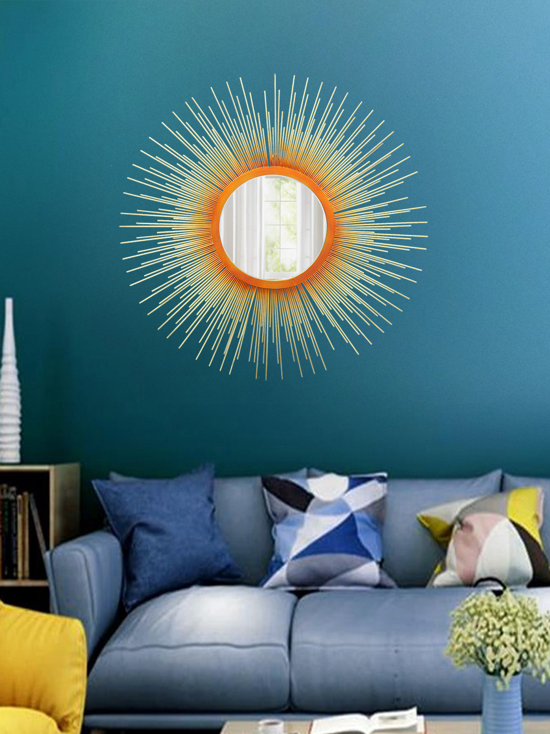 Aapno Rajasthan Gold-Toned & Orange Majestic Sun Wall Mirror