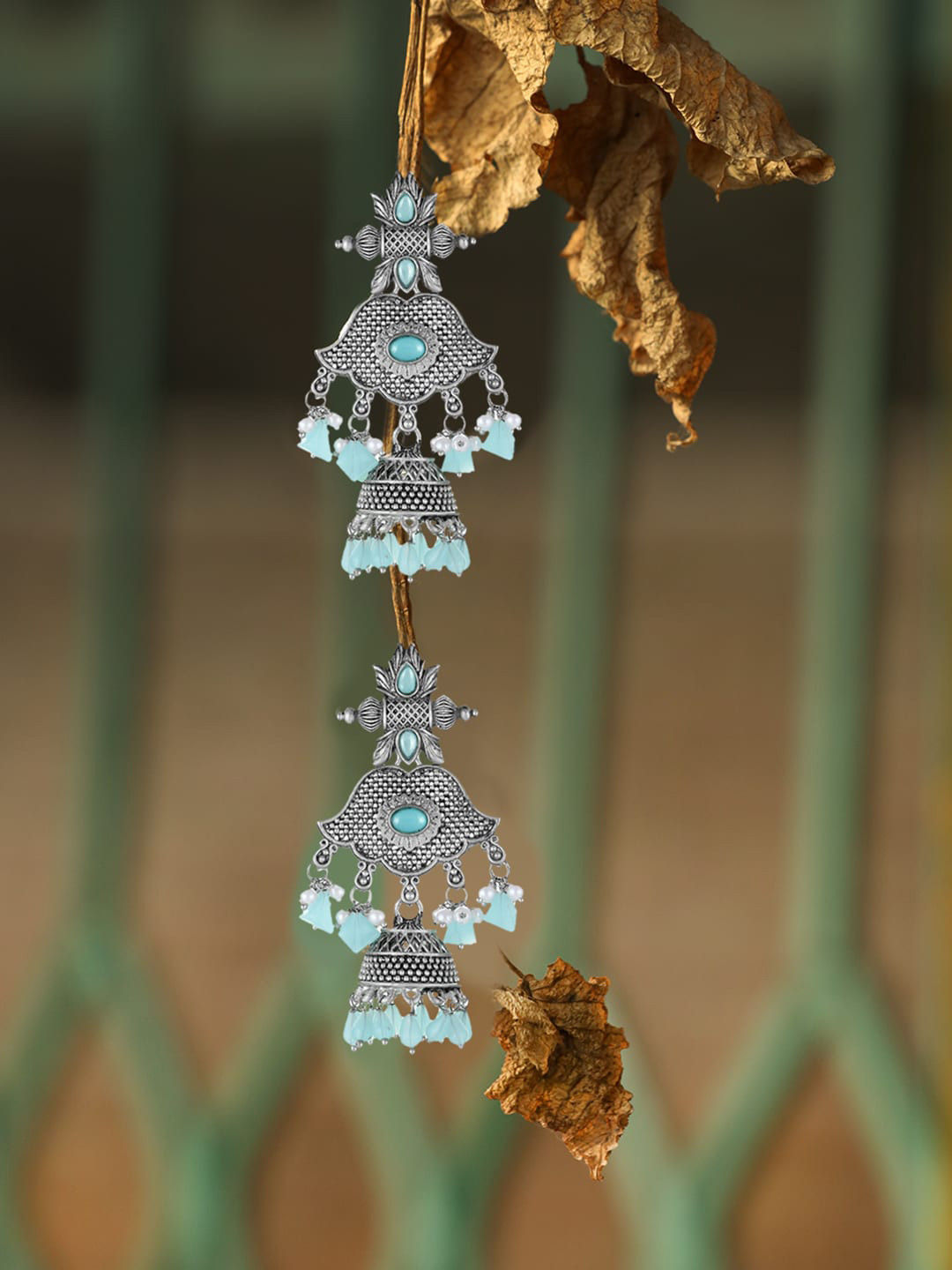 Adwitiya Collection Turquoise Blue Bead Beaded Jhumkas Earrings