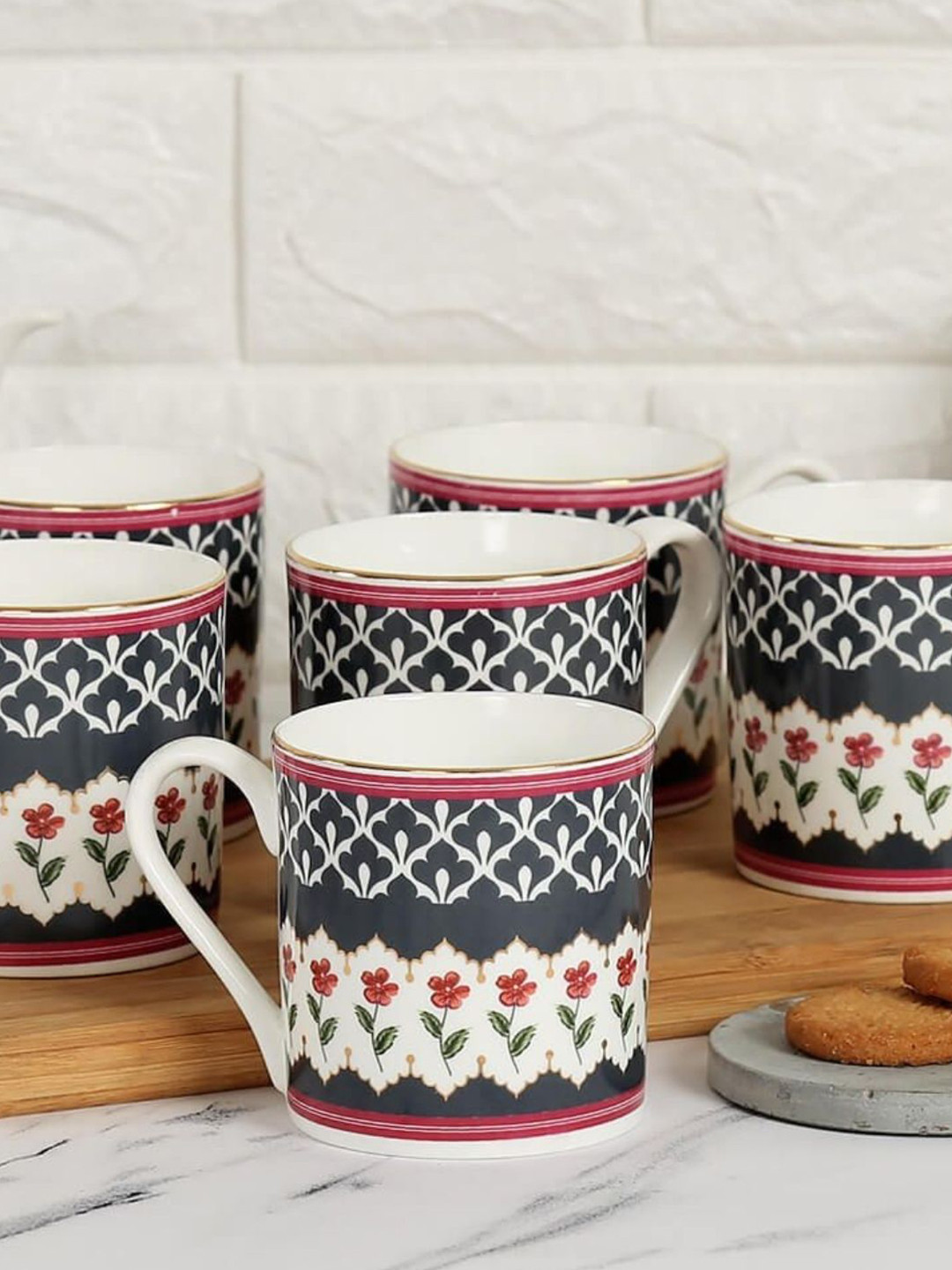 India Circus Black Floral Ceramic Dishwasher Safe 6 Piece Mugs-220ml