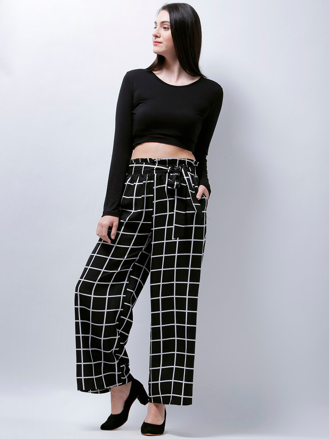 Zastraa Women Black Crop Top and Black high waist with Palazzos Set