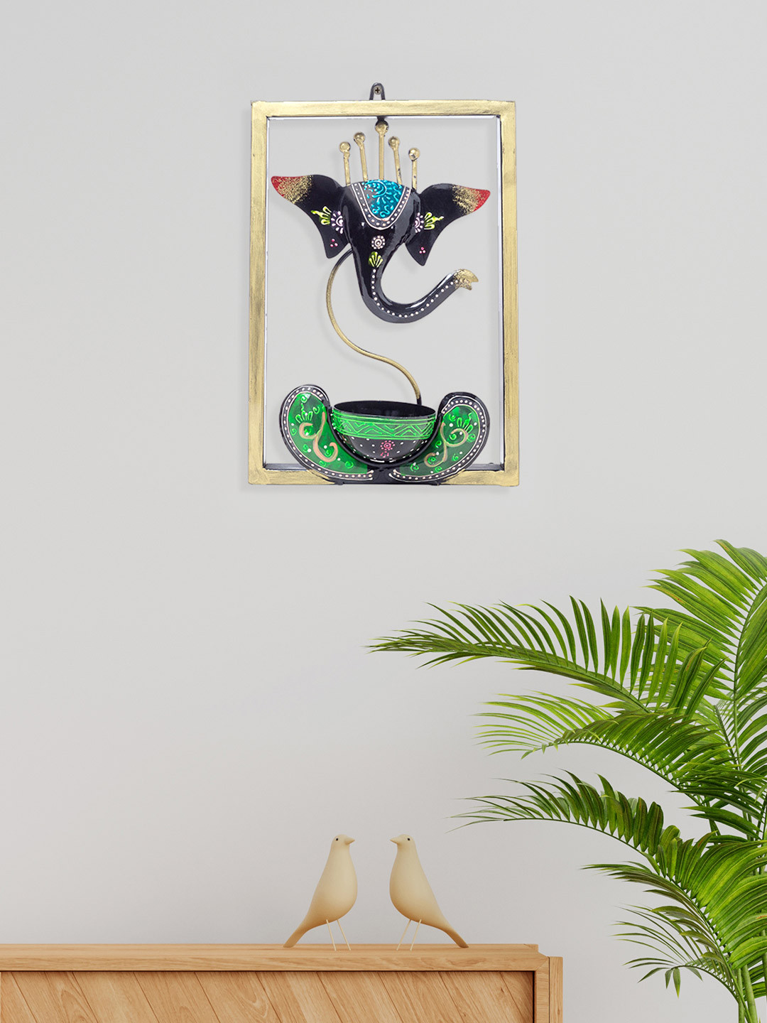 Golden Peacock Ganesh Metal Ethnic Motifs Glossy Hanging Hall Spiritual Wall Decor-11.8In