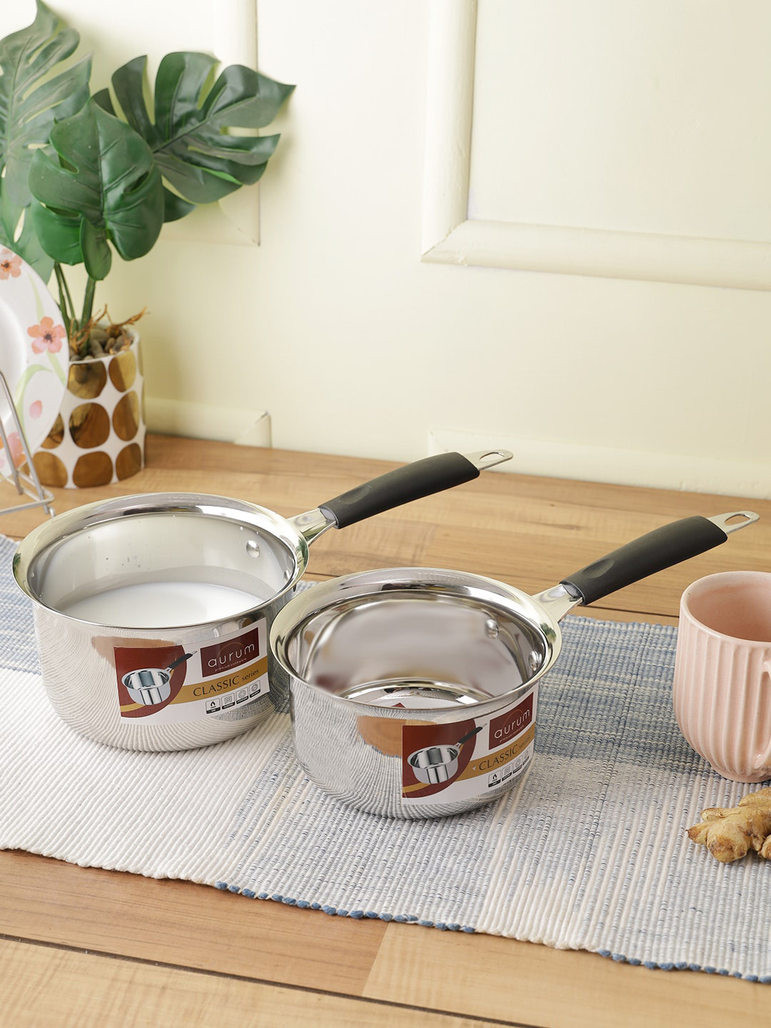 AURUM Set Of 2 Silver-Toned Solid Stainless Steel Sauce Pan