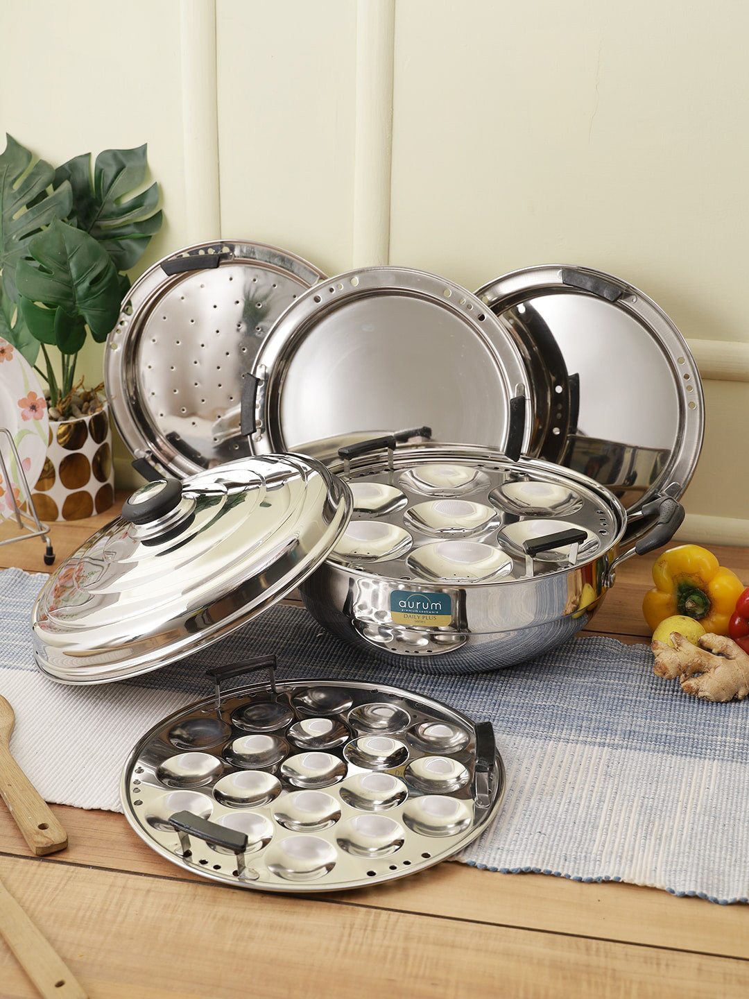 AURUM Silver-Toned Solid Stainless Steel Idli Maker
