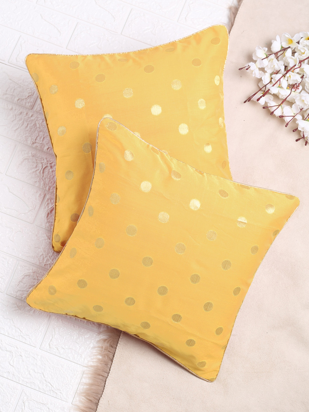 SAKA DESIGNS Yellow & Red Set of 2 Embellished Square Cushion Covers