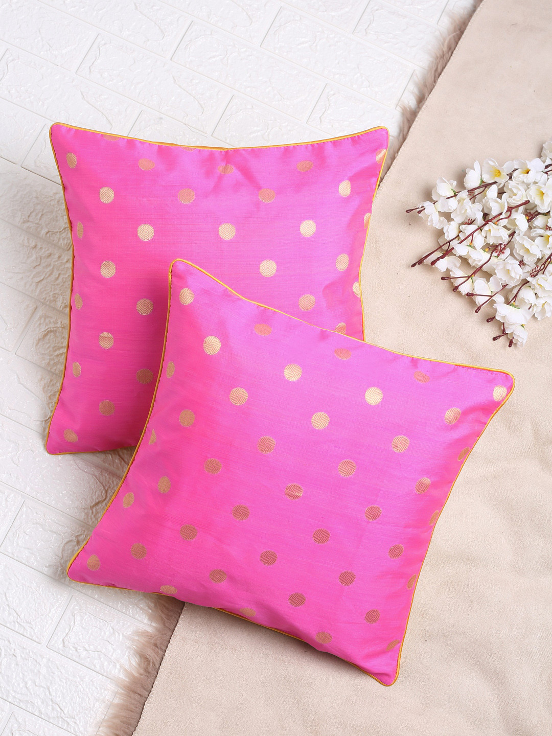 SAKA DESIGNS Set of 2 Pink & Gold Ethnic Motifs Square Cushion Covers