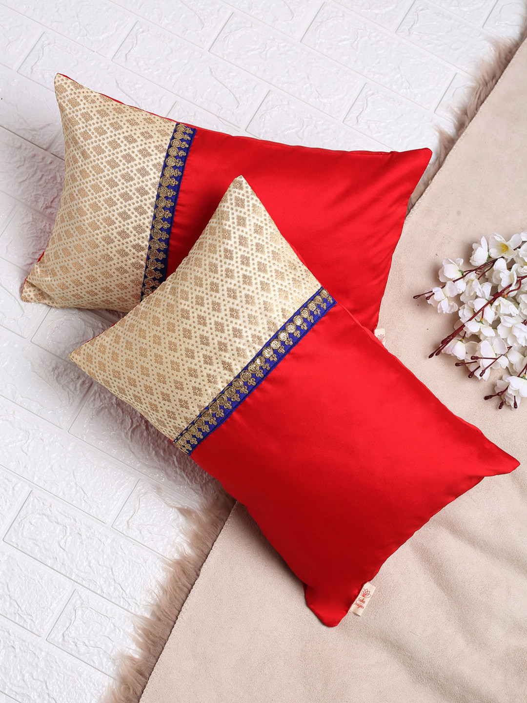 SAKA DESIGNS Red Ethnic Motifs Polyester Washable 2 Pcs Rectangle Cushion Covers -12x18In