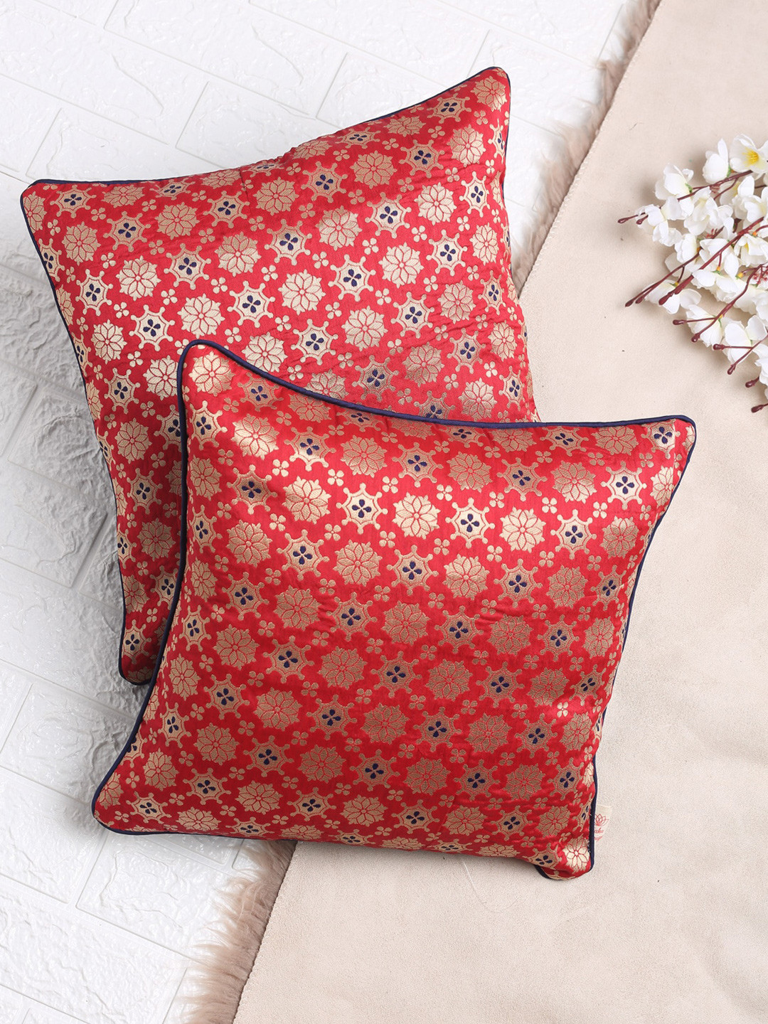 SAKA DESIGNS Red & Blue Set of 2 Ethnic Motifs Jacquard Square Cushion Covers