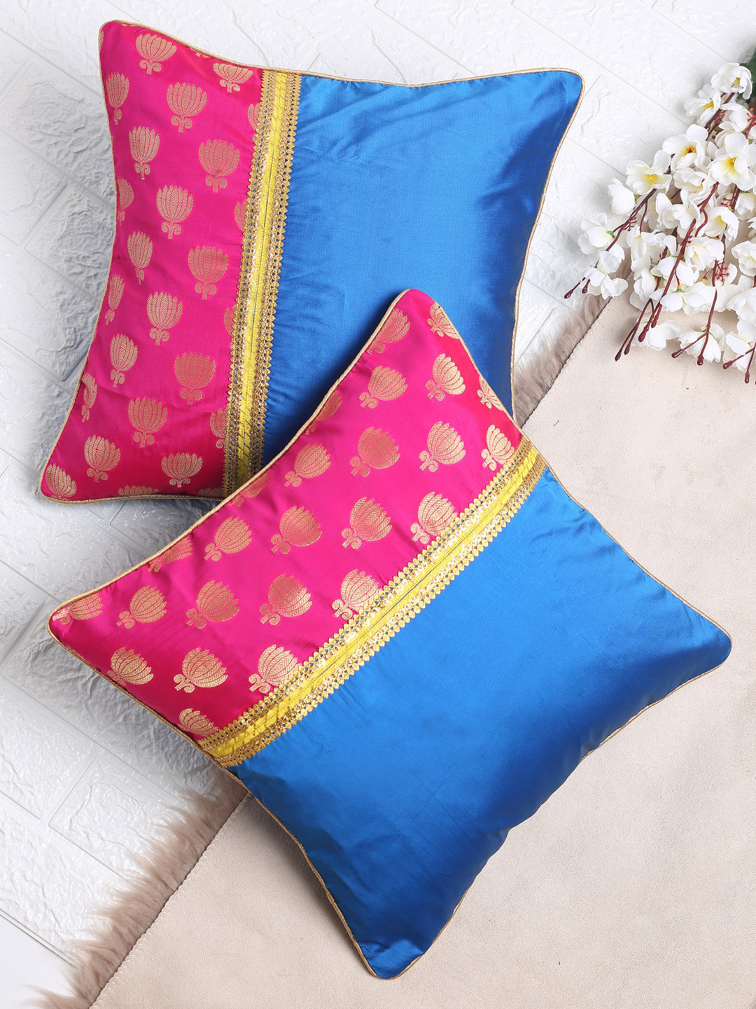 SAKA DESIGNS Ethnic Motifs Jacquard Washable 2 Pcs Embellished Cushion Covers -16x16In