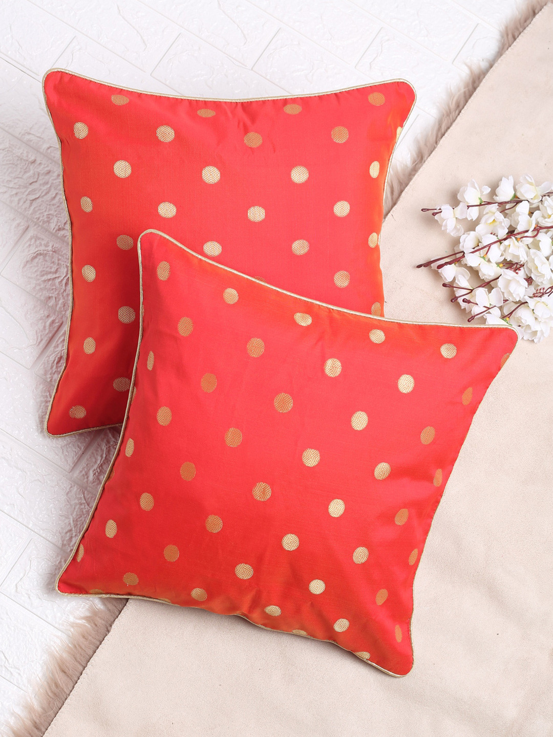 SAKA DESIGNS Red Polka Dots Polyester Silk Washable 2 Piece Square Cushion Covers -16x16In