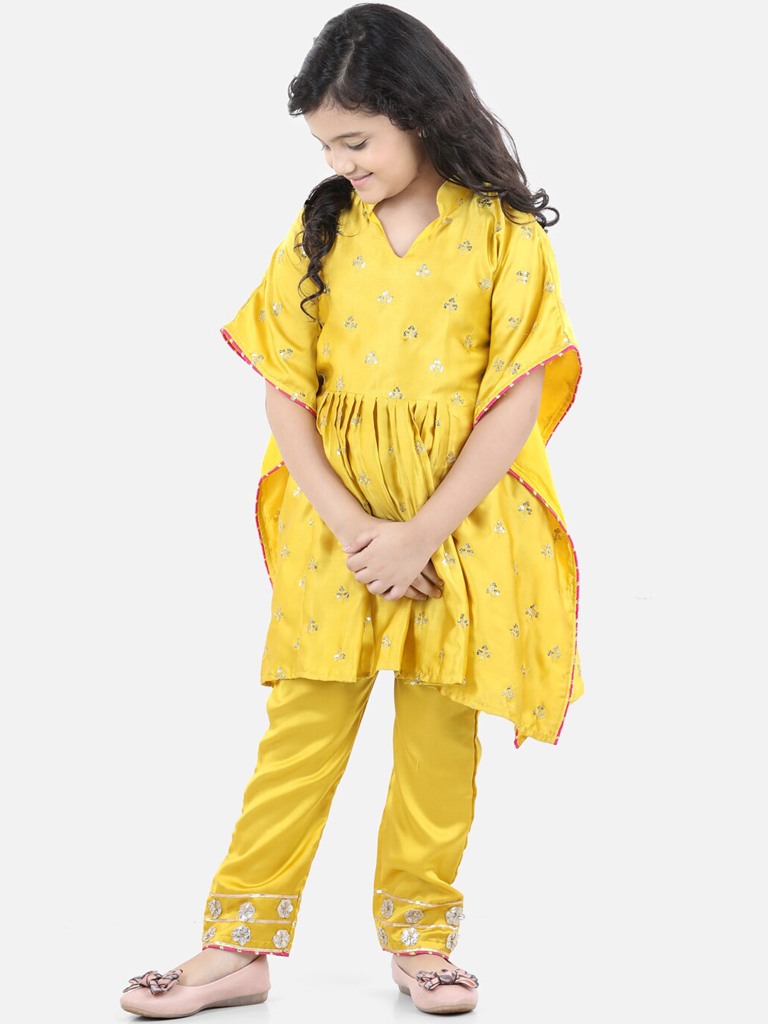 Fairies Forever Girls Mustard Yellow Sequin Kaftan Kurti with Trousers