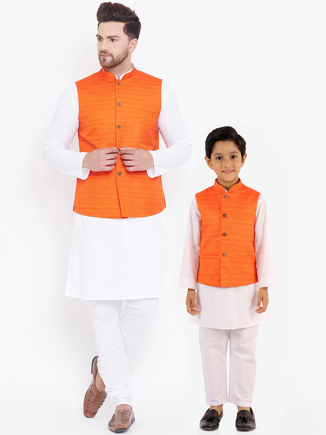VASTRAMAY Boys White & Orange Kurta with Pyjamas & Nehru Jacket