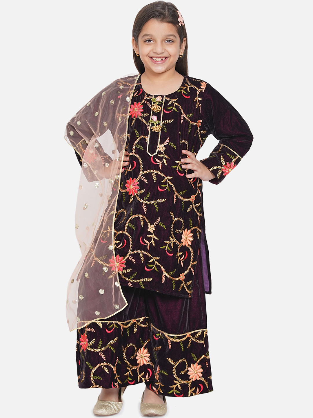 Little Bansi Girls Violet Floral Embroidered Velvet Kurti with Palazzos & With Dupatta