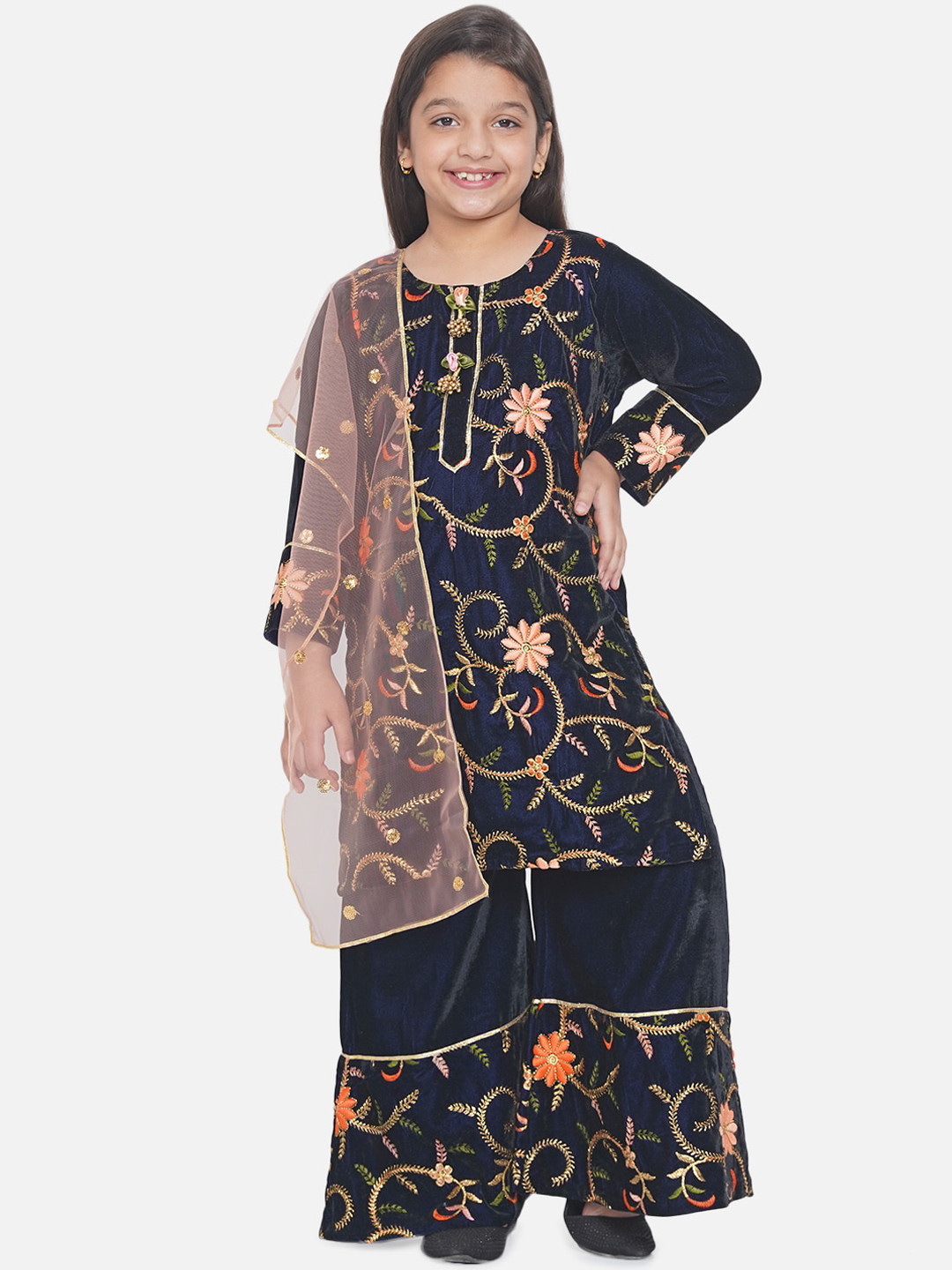 Little Bansi Girls Navy Blue Floral Embroidered Velvet Kurta with Sharara & With Dupatta
