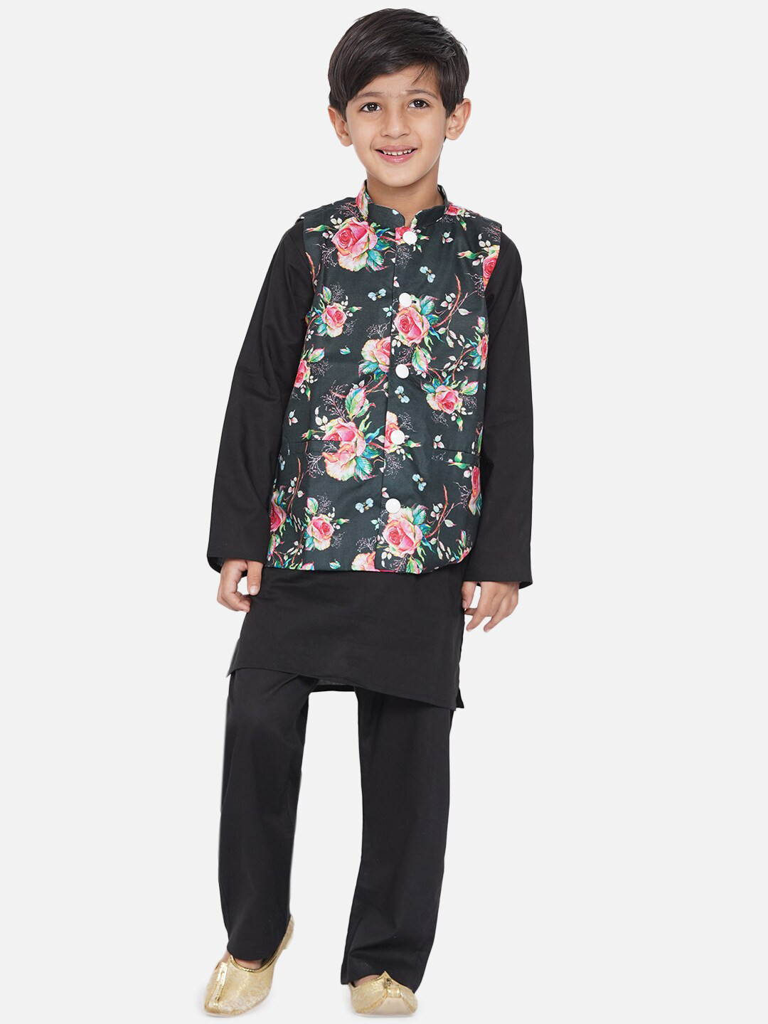 Little Bansi Boys Black Kurta with Pyjamas & Nehru Jacket