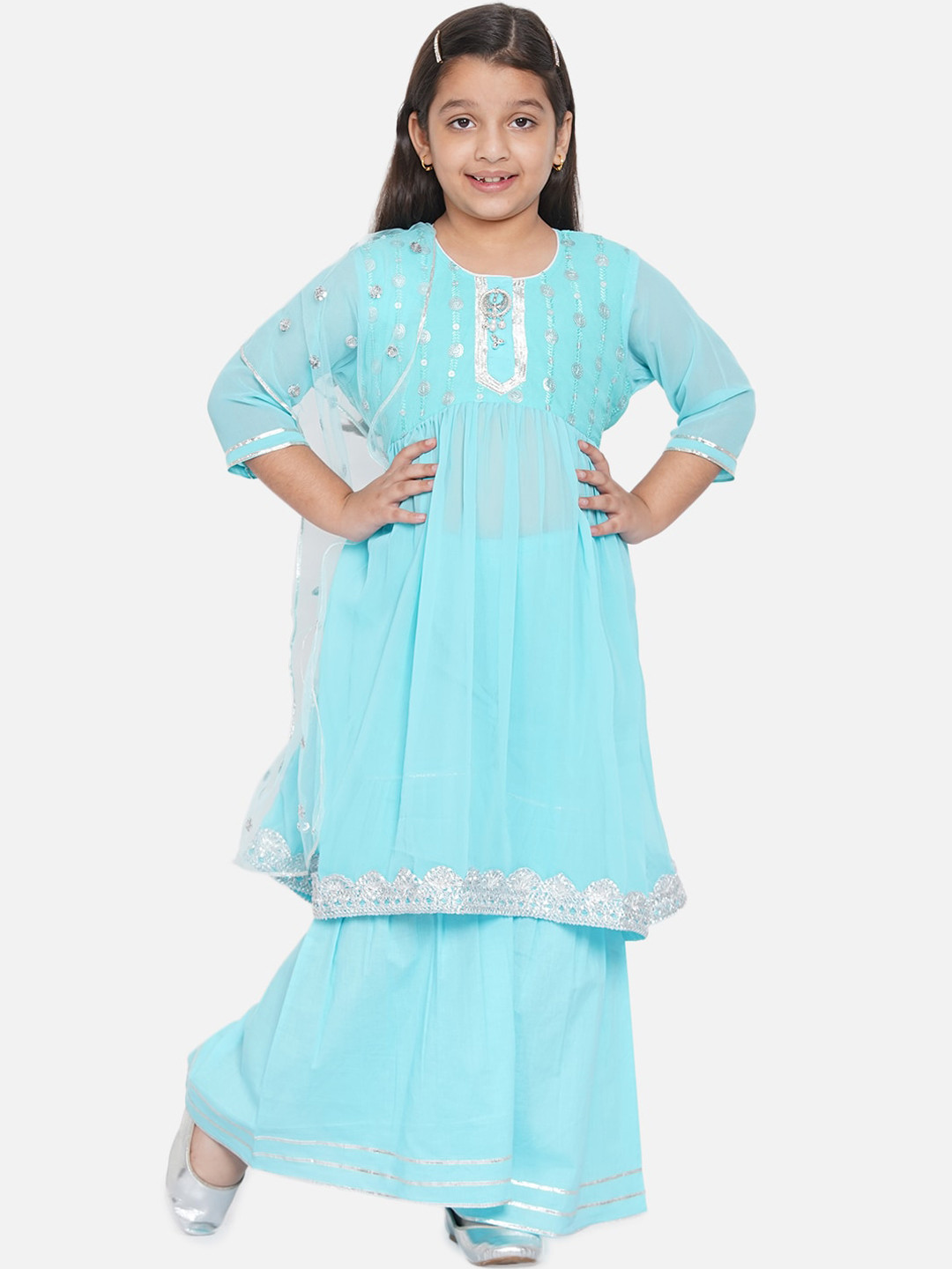Little Bansi Girls Blue Ethnic Motifs Embroidered Sequinned Kurta with Palazzos & Dupatta