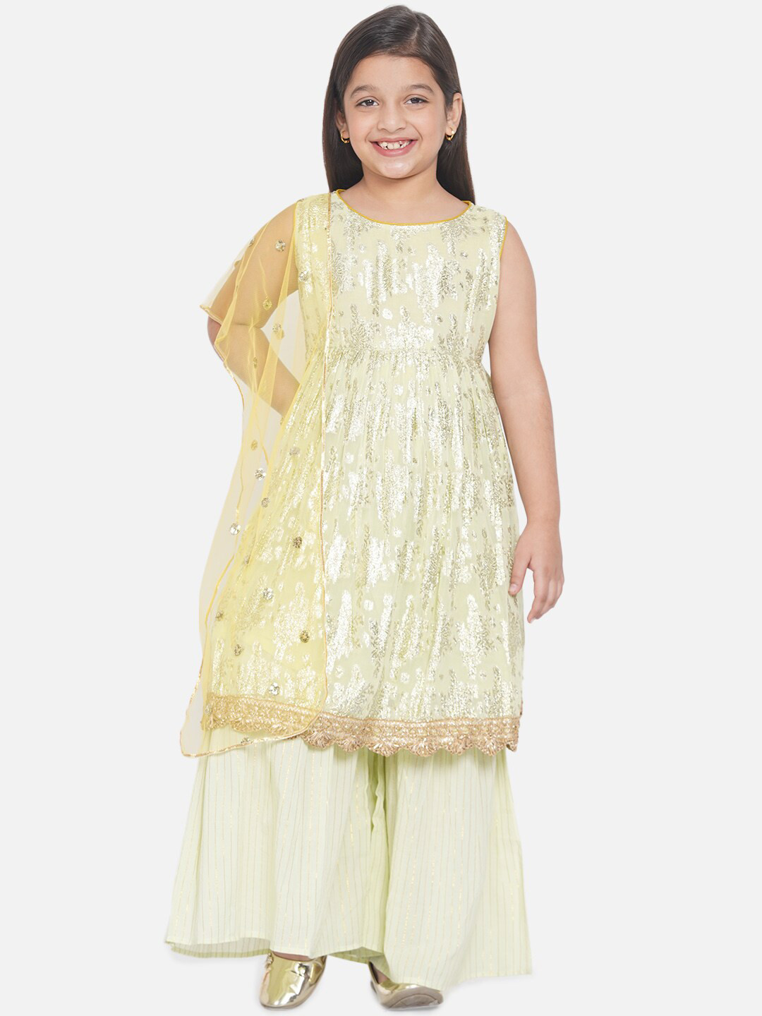 Little Bansi Girls Green Panelled Gotta Patti Kurta & Sharara With Dupatta