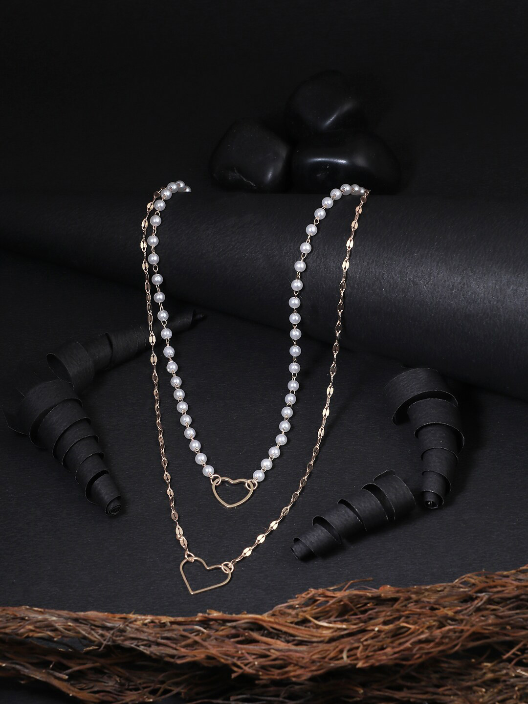 Adwitiya Collection Gold-Toned & White Copper Gold-Plated Layered Heart Designer Chain