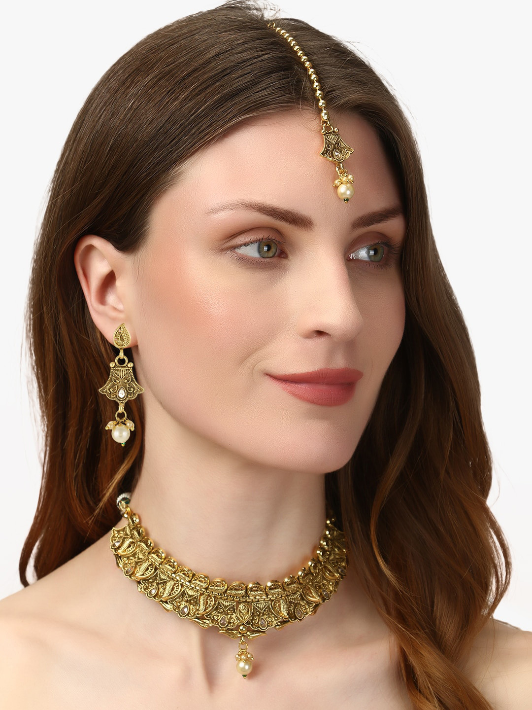 Adwitiya Collection 24CT Gold-Plated & White Stone-Studded Jewellery Set With Maang Tika