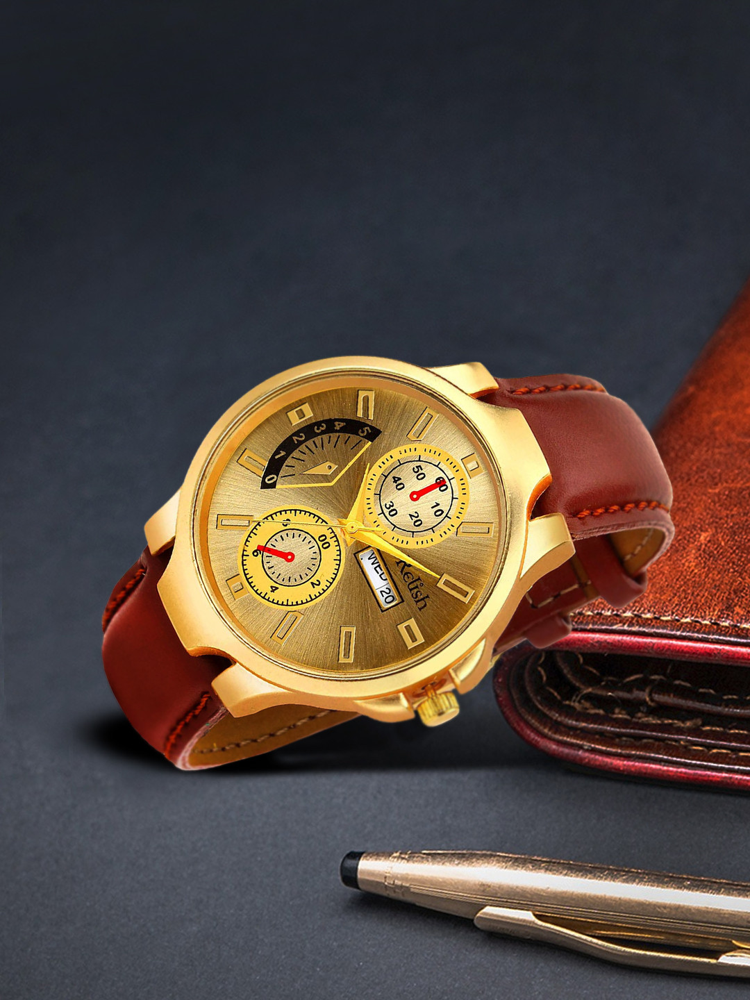 Relish Men Gold-Toned Patterned Dial & Brown Straps Analogue Watch