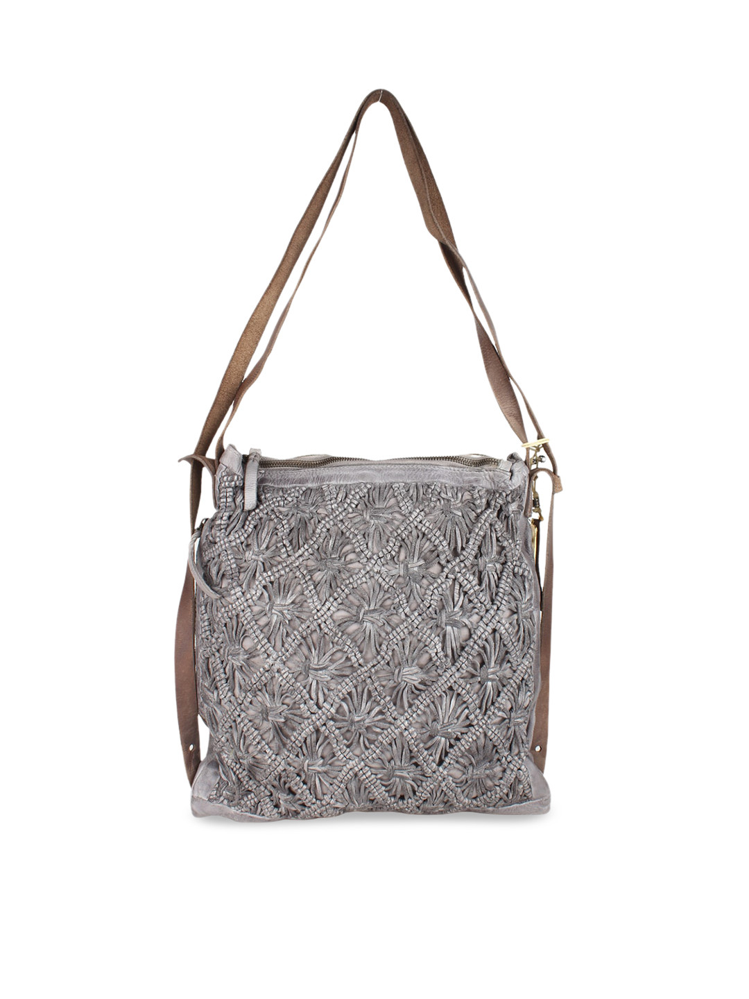 ART N VINTAGE Women Grey Leather Oversized Structured Shoulder Bag With Macrame Detailed