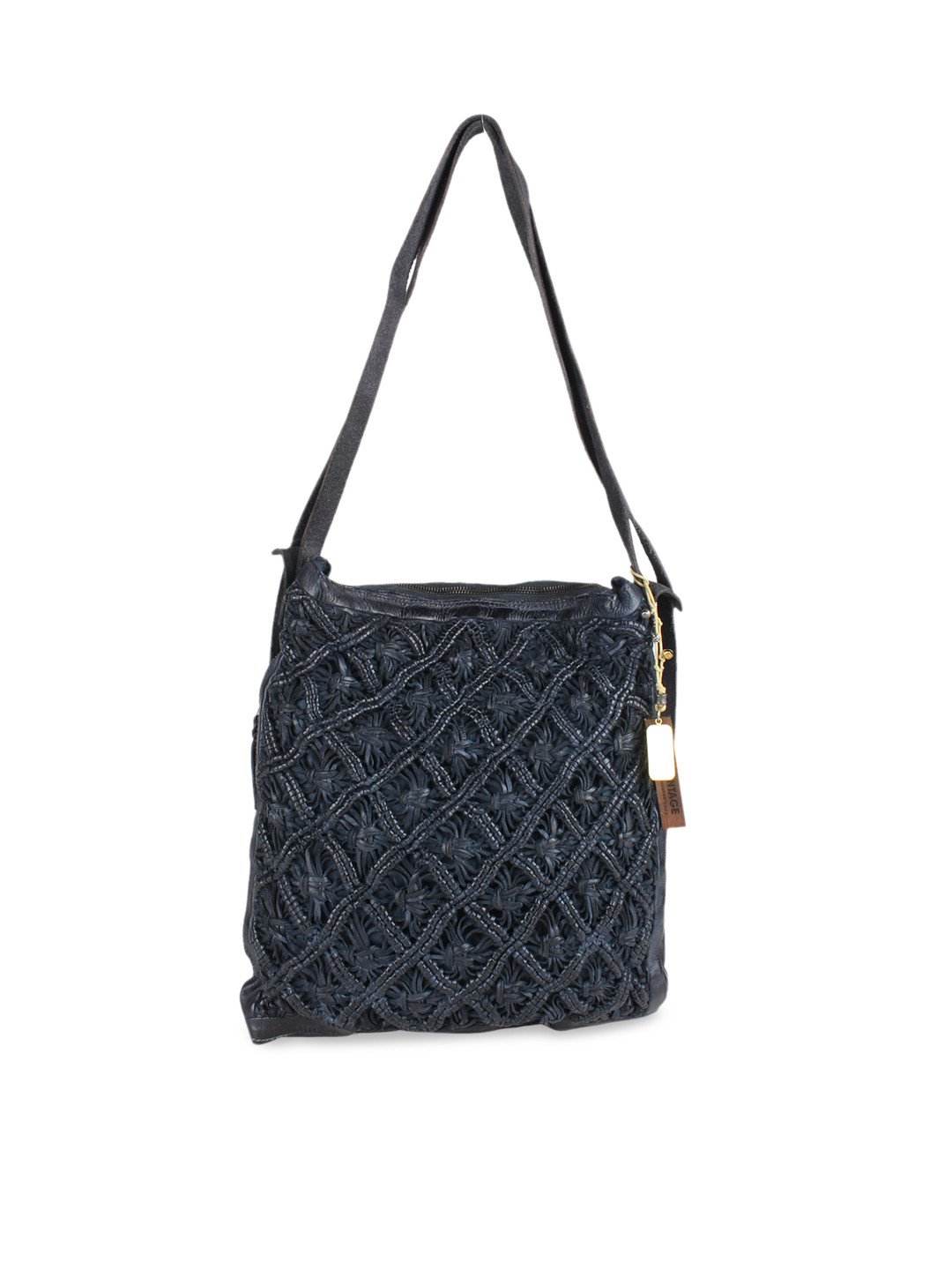 ART N VINTAGE Navy Blue Leather Oversized Shopper Cum Backpack with Macrame Weaving Bag
