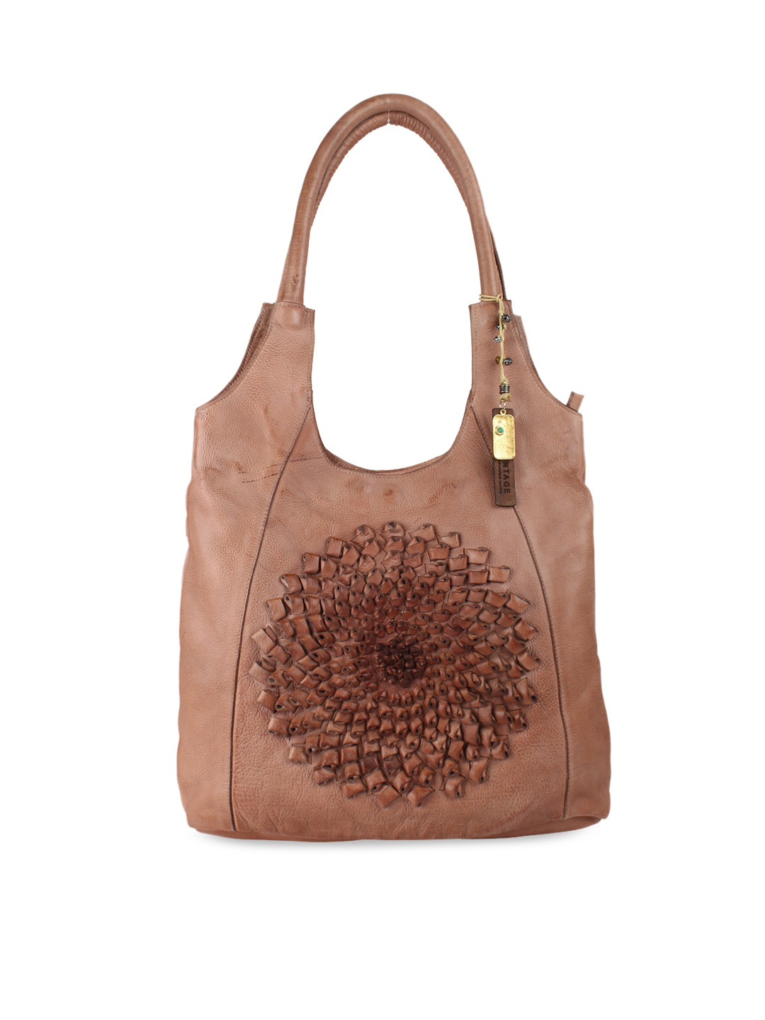 ART N VINTAGE Brown Leather Shopper Handheld Bag with Flower Cut Work