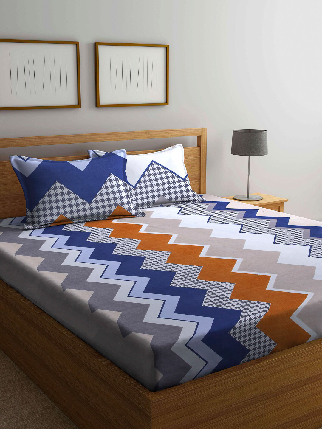 Arrabi Blue Chevron Polycotton 300 TC King Superfine Bedsheet with 2 Pillow Covers-106 x 102 inches
