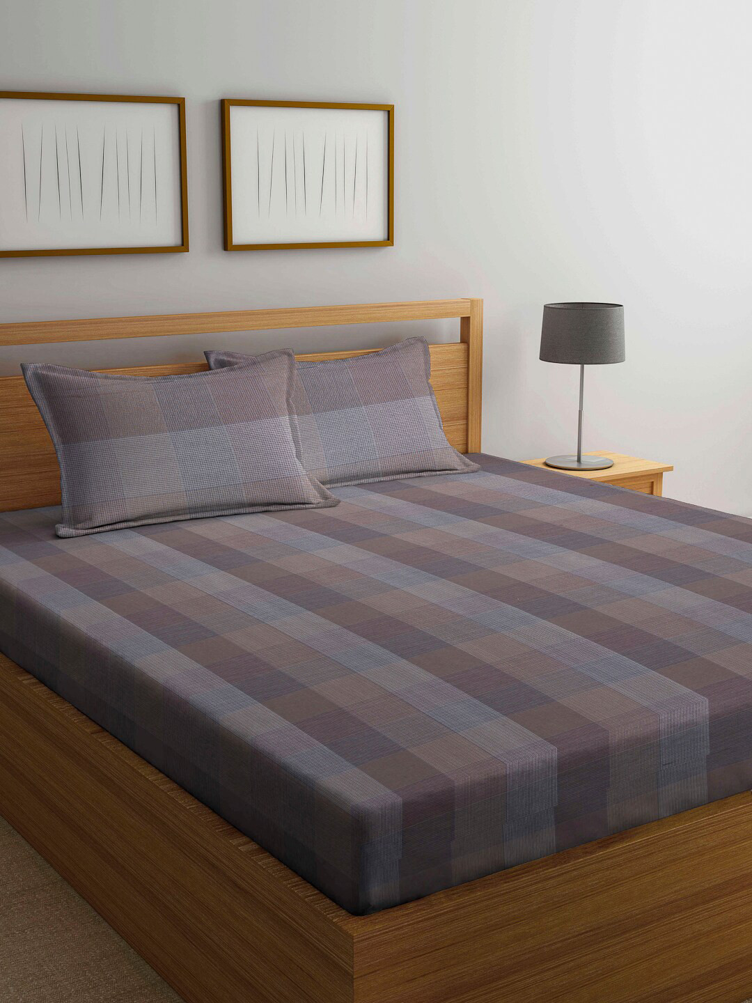 Arrabi Beige Checked Cotton 300 TC King Fine Bedsheet with 2 Pillow Covers-98 x 85 inches
