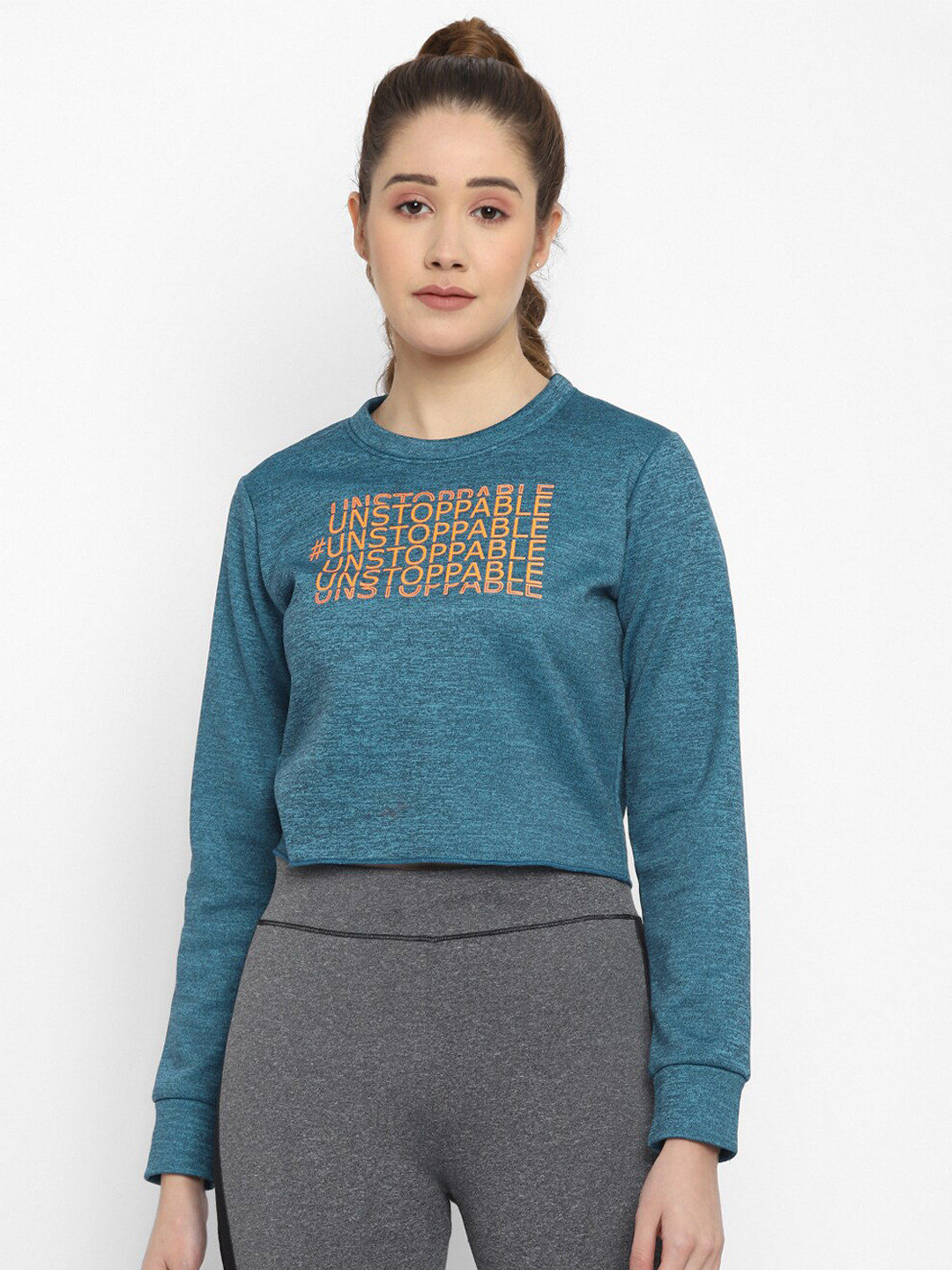 OFF LIMITS Women Teal Blue Printed Cropped Sweatshirt