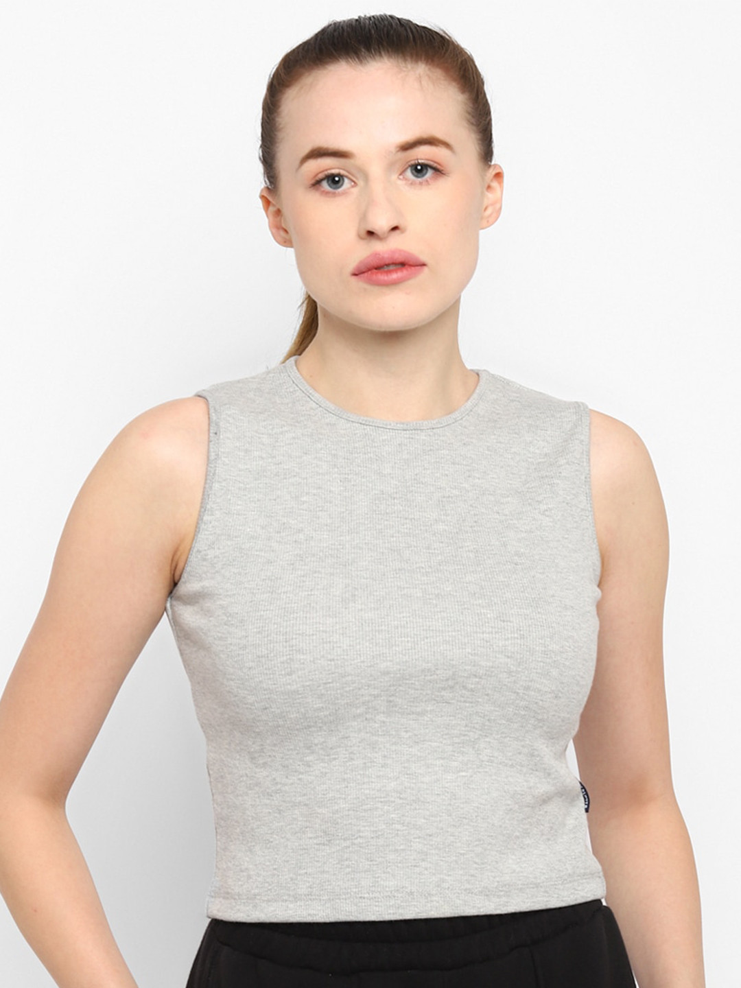 OFF LIMITS Women Grey Melange Solid Round Neck Crop T-shirt