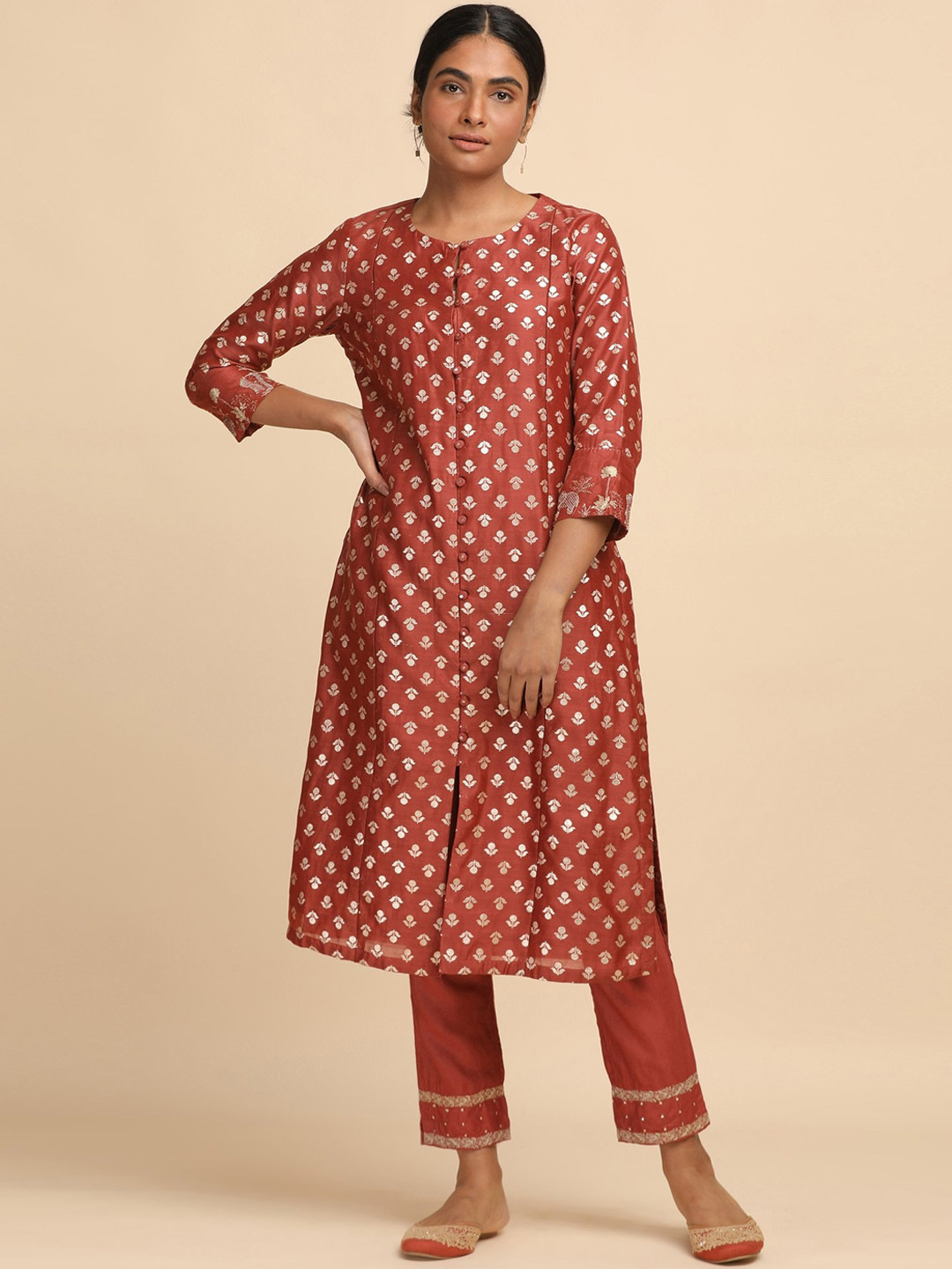 Folk Song  Folksong Collection -  Red Cotton Silk Jacquard Kurta