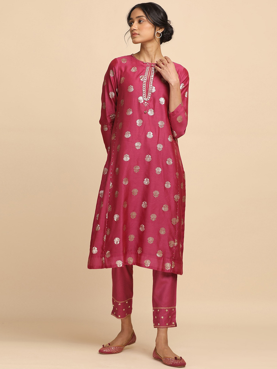 Folk Song  Folksong Collection - Women Bright Pink Jacquard Kurta In Cotton Silk