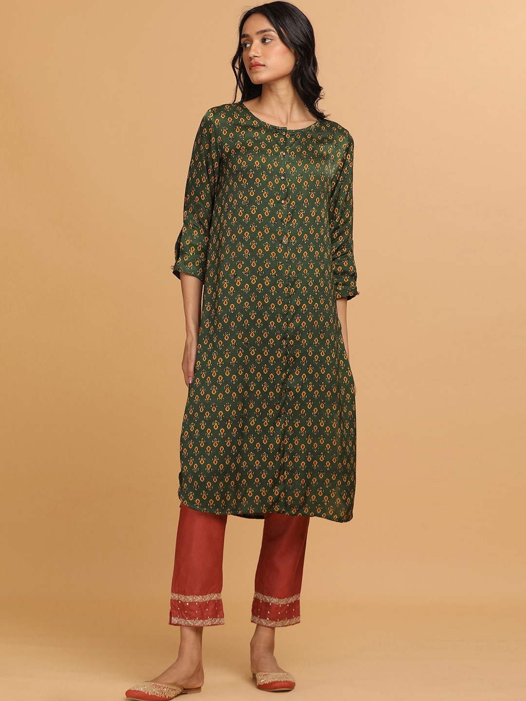 Folk Song  Folksong Collection - Women Green Ajrakh Print Mid-Length Kurta