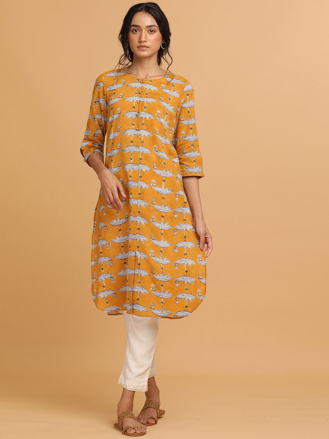 Folk Song  Folksong Collection -  Women Mustard Hand Block Print Kurta In Boat Motif