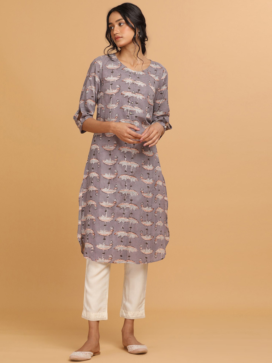 Folk Song  Folksong Collection -  Women Lilac Hand Block Print Kurta In Boat Motif