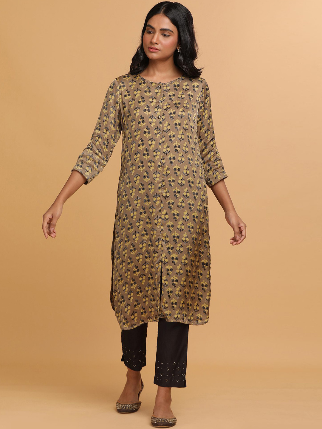 Folk Song  Folksong Collection - Women Beige Ajrakh Print Mid-Length Kurta