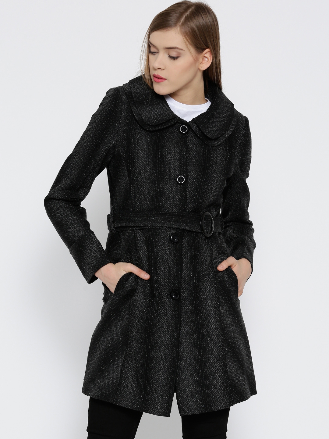 Buy Monte Carlo Black Grey Striped Patterned Longline Coat Coats for Women 1667892 Myntra