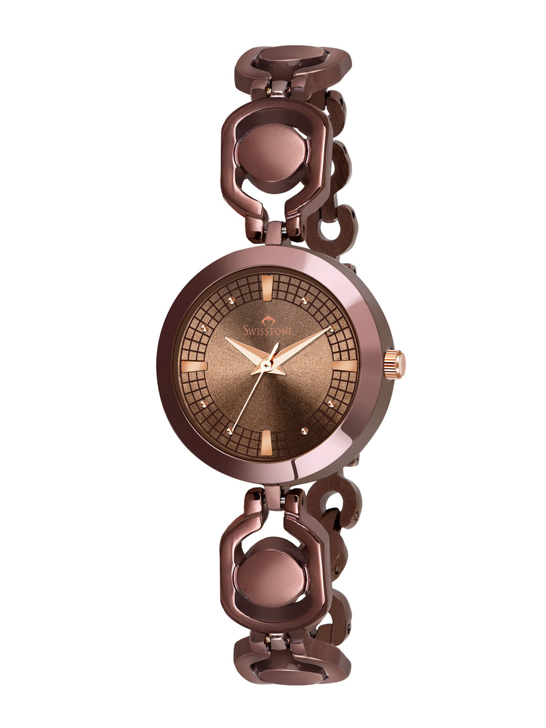 SWISSTONE Women Brown Brass Embellished Dial & Brown Bracelet Style Straps Analogue Watch JEWELS082-BRWN