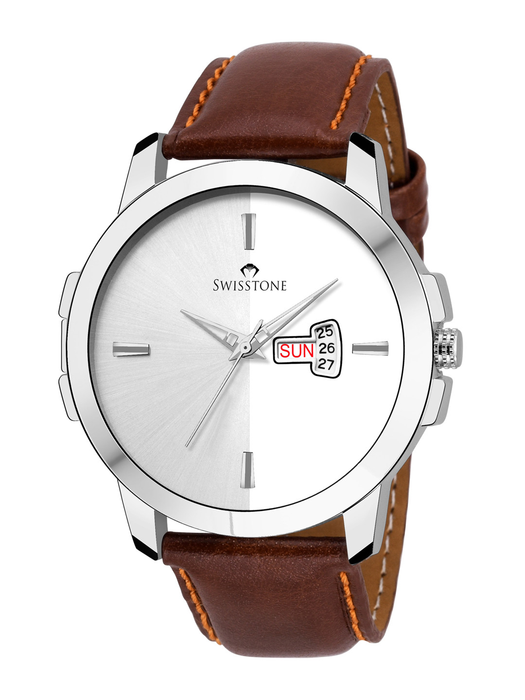 SWISSTONE Men Silver-Toned Brass Printed Dial & Brown Strap Analogue Watch WT385-SLV-BRW