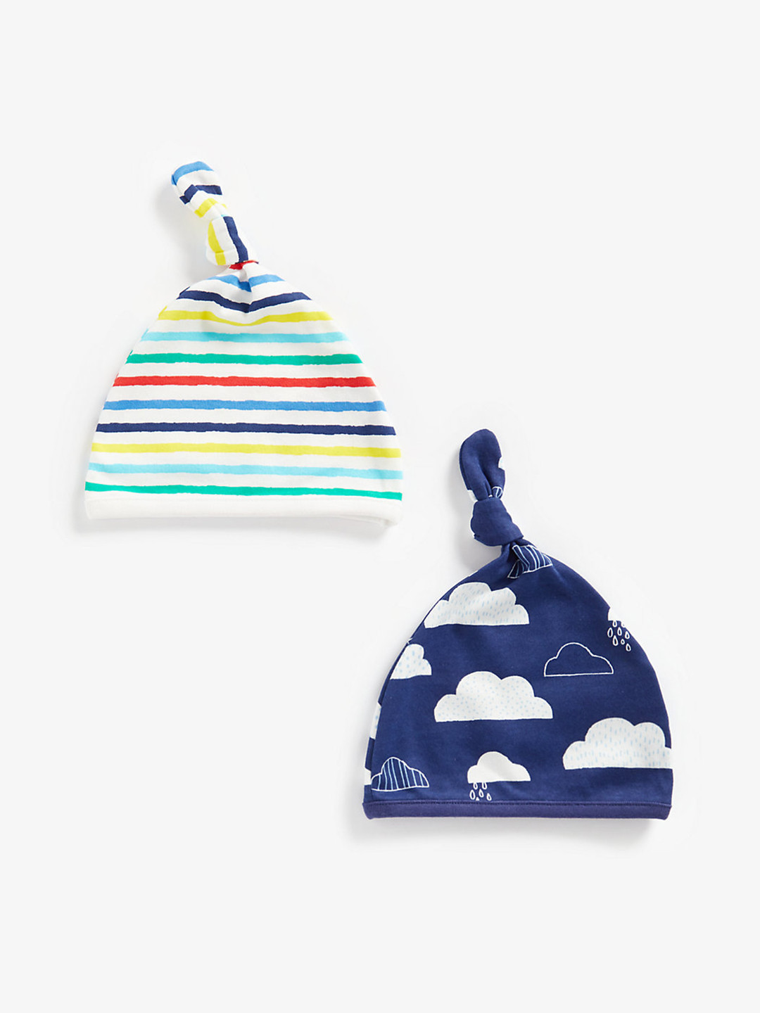mothercare Infant Boys Navy Blue & White Set Of 2 Pure Cotton Beanie Caps with Knot Detail