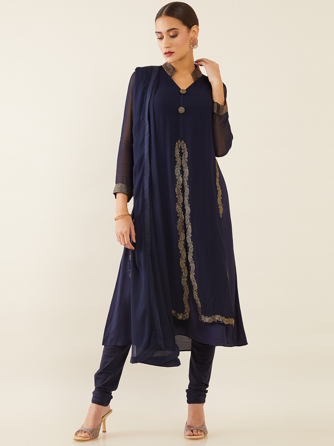 Soch Women Navy Blue Embellished Layered Silk Georgette Kurta with Churidar & Dupatta