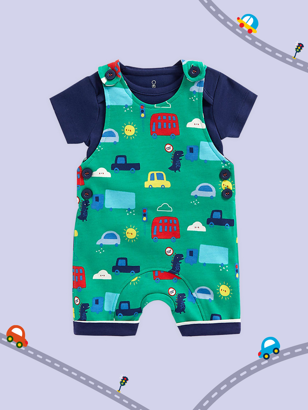 mothercare Boys Green & Blue Printed Pure Cotton Half Sleeves Dungaree