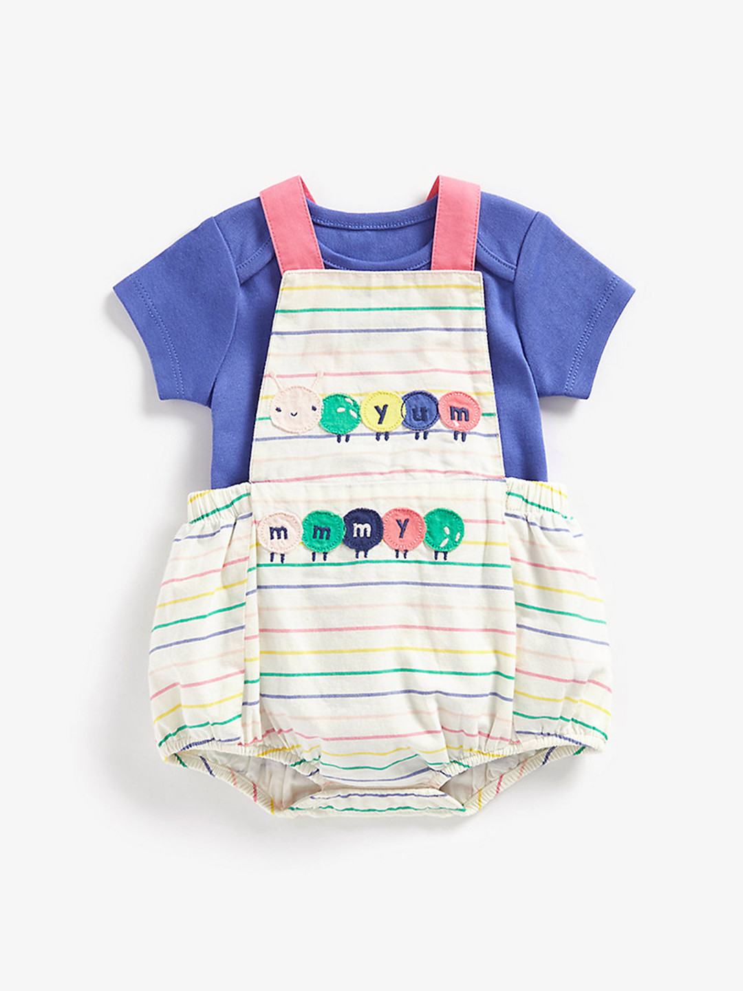 mothercare Girls White & Blue Applique Pure Cotton Pinafore Dress