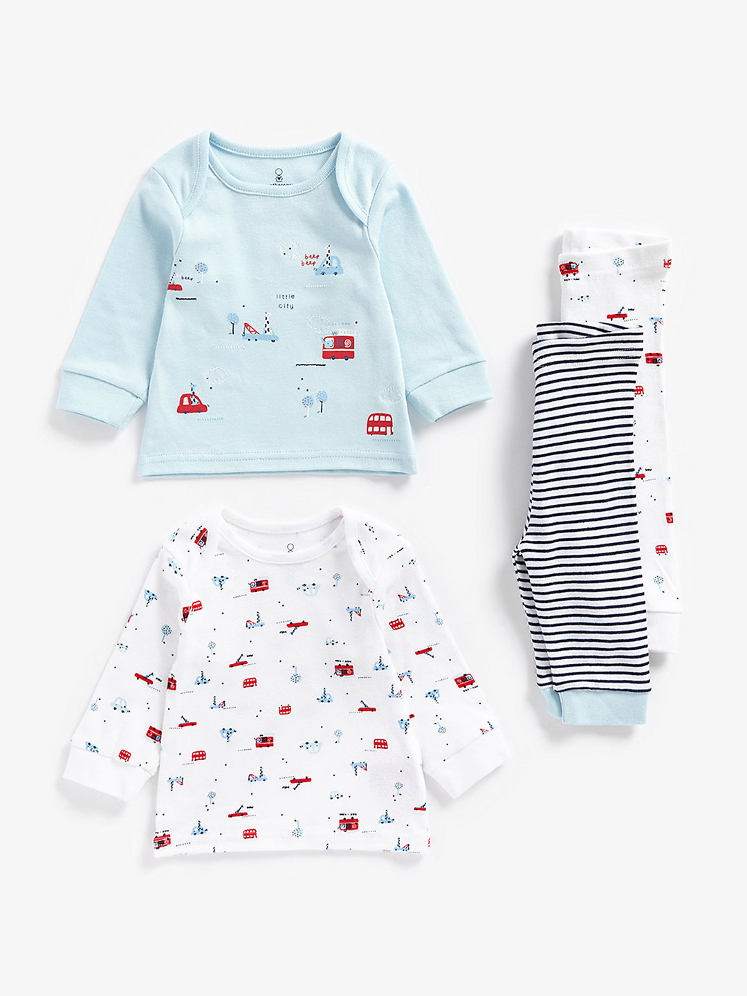 mothercare Newborn Boys White & Blue Pack Of 2 Printed Pure Cotton Co-Ords Set