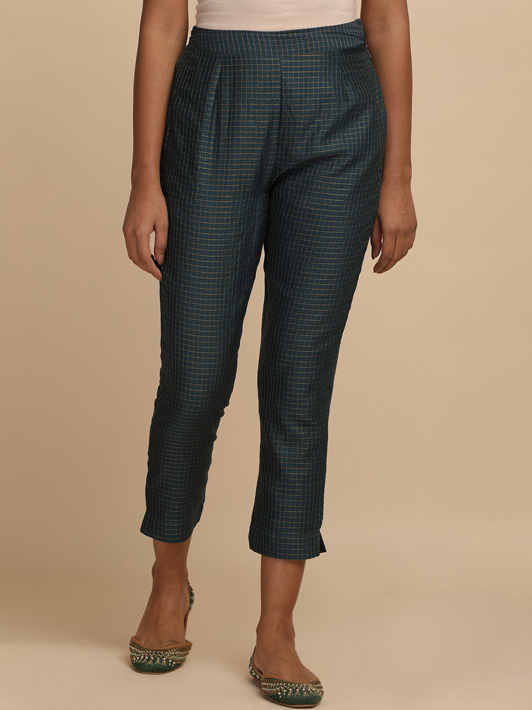 Folk Song  Folksong Collection - Women Teal Blue Checks Jacquard Slim Pants