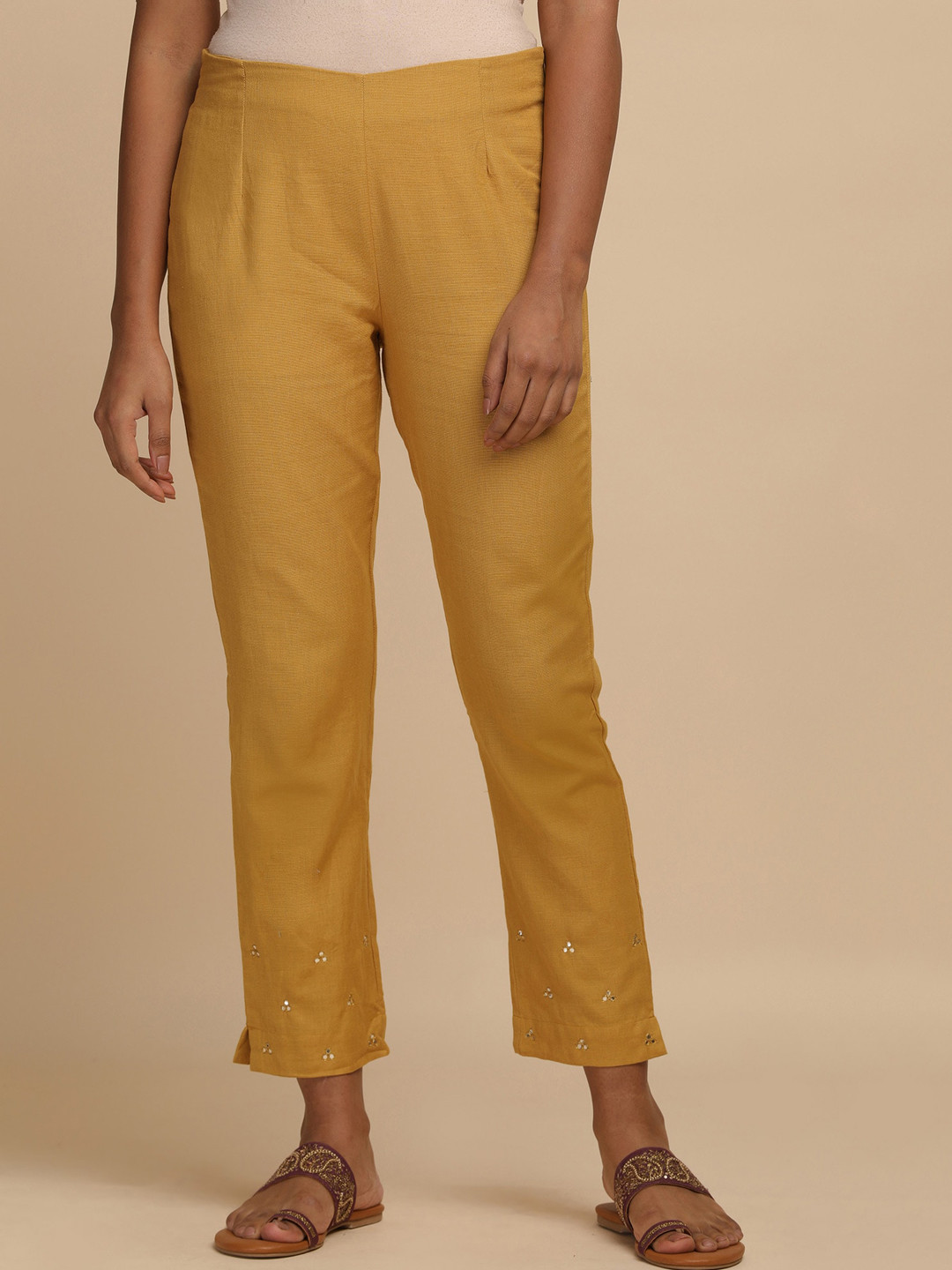 Folk Song  Folksong Collection - Women Mustard Yellow Solid Slim Pants