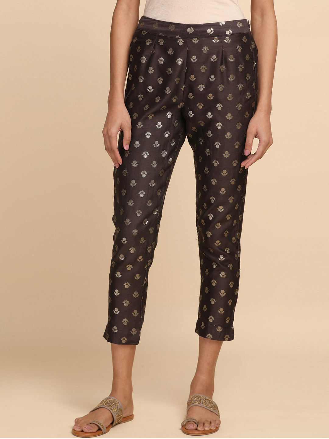 Folk Song  Folksong Collection - Women Dark Brown Jacquard Slim Pants