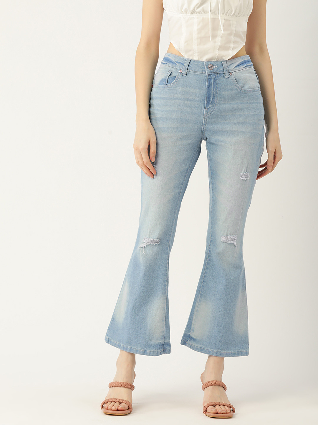 DressBerry Women Blue Flared Mildly Distressed Heavy Fade Stretchable Jeans