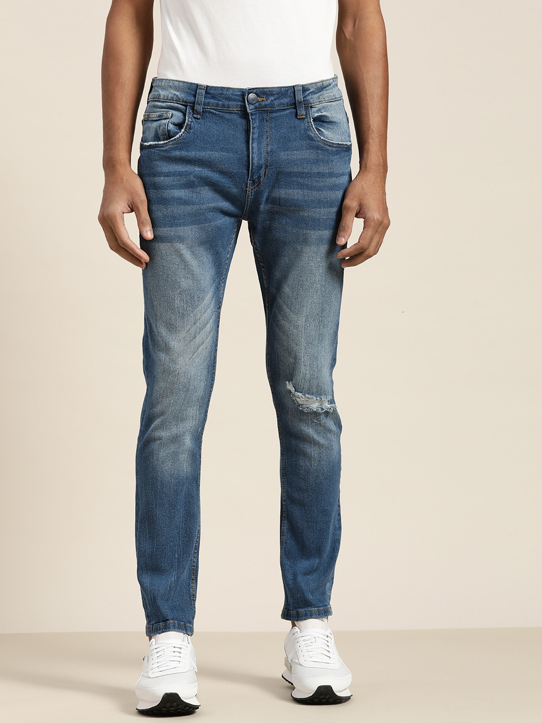 ether Men Blue Skinny Fit Low Distress Light Fade Stretchable Jeans